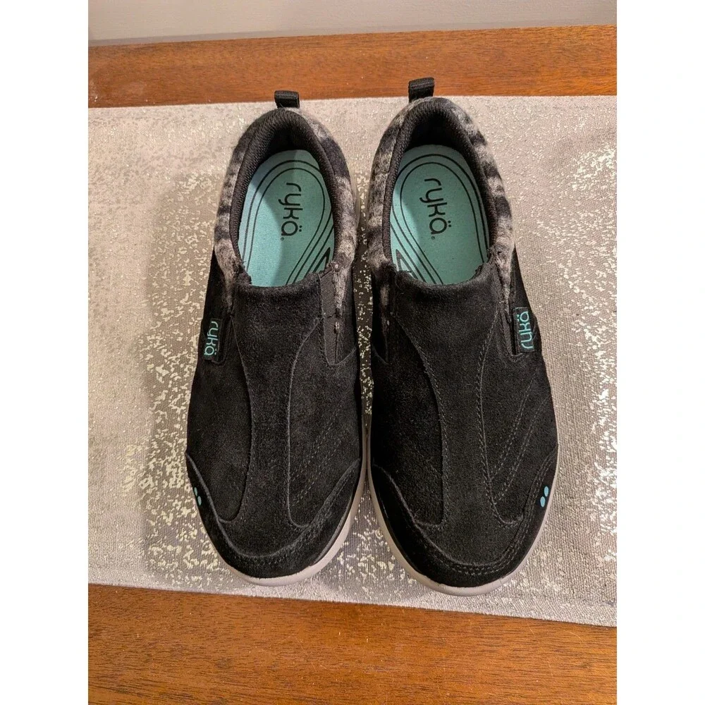 Ryka Terrain Womens 7W Slip-On Casual Sneaker Black Leather Suede Walking Shoe